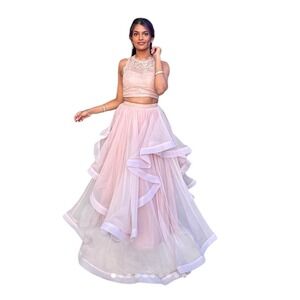 Blush Pink Lace Crop Top and Tiered Tulle Maxi Skirt Two Piece Set Formal Dress